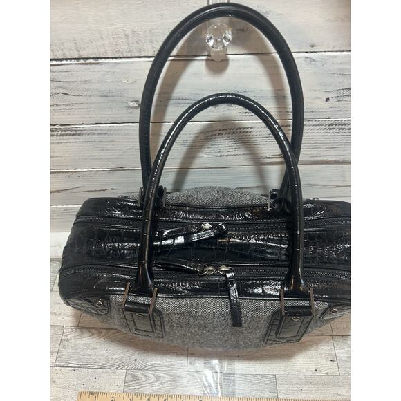 Vintage Ladies Talbots Black Leather & Gray Cloth Shoulder Bag Purse - Picture 2 of 11